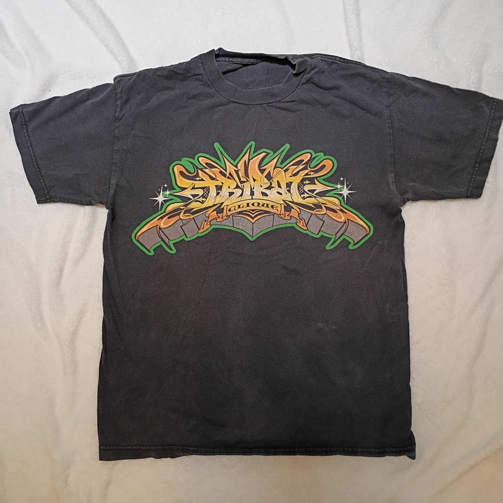 Y2K Tribal Street Gear Black Tee Vintage with Green and Gold